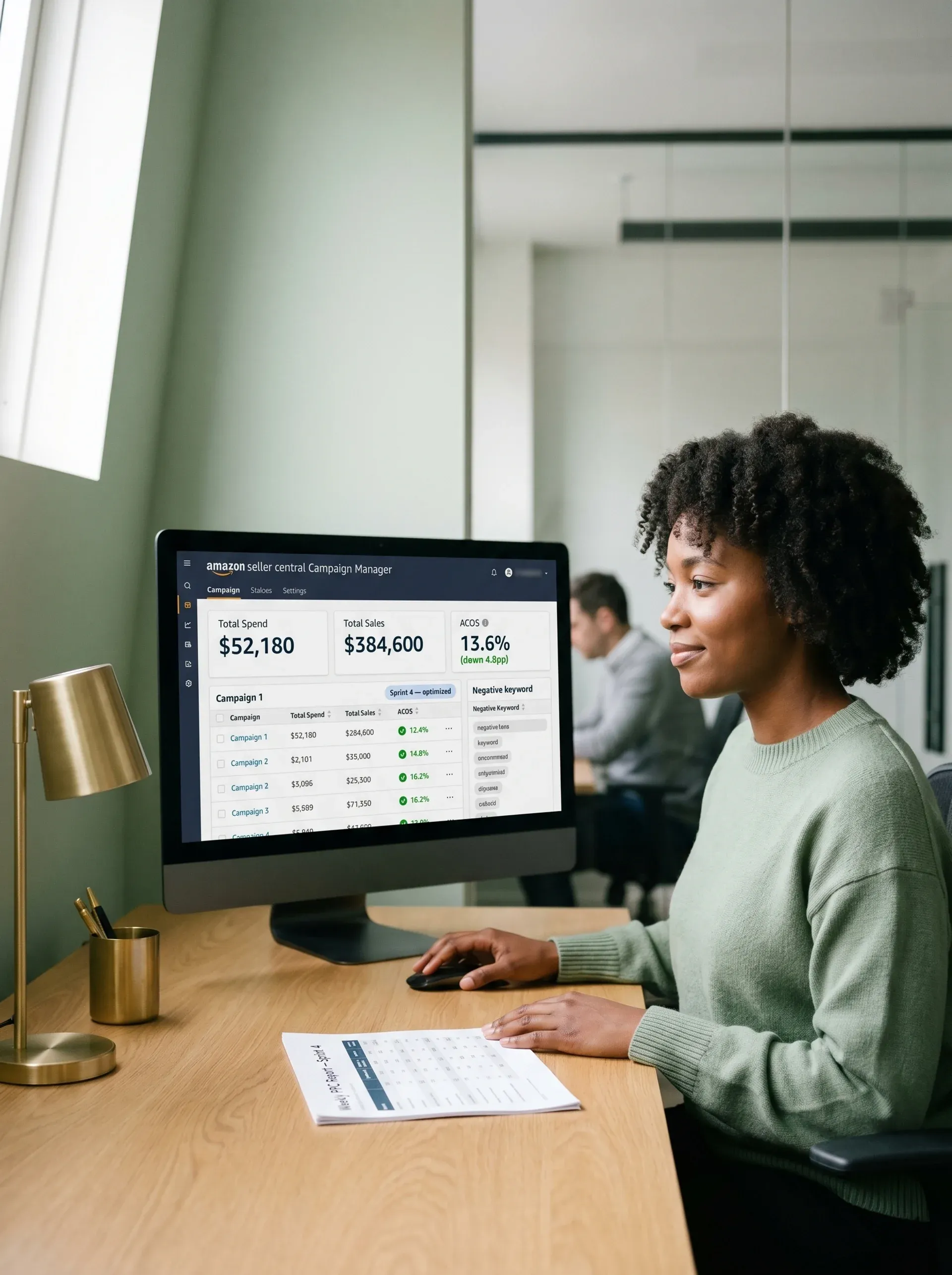 Amazon pay-per-click strategist reviewing optimized campaign results with visible relief and focus in natural desk light Amazon pay-per-click strategist reviewing optimized campaign results with visible relief and focus in natural desk light