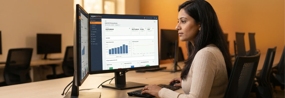 Amazon pay-per-click analyst reviewing full-funnel advertising campaign dashboards on multiple screens at workstation, dramatic screen glow, side profile Amazon pay-per-click analyst reviewing full-funnel advertising campaign dashboards on multiple screens at workstation, dramatic screen glow, side profile