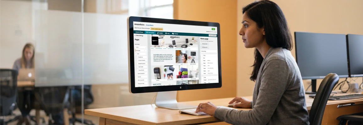 Brand designer at wide monitor reviewing Amazon storefront layout in natural side light, focused side profile Brand designer at wide monitor reviewing Amazon storefront layout in natural side light, focused side profile