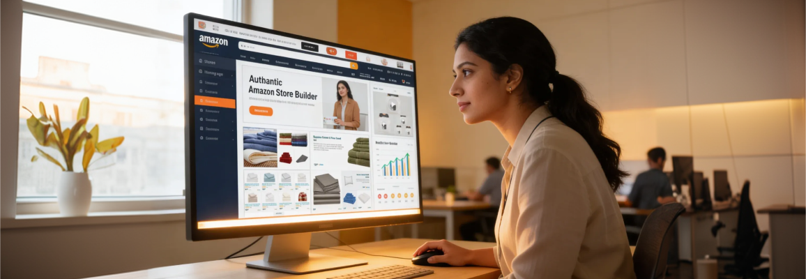 Brand store designer reviewing Amazon brand store layout in Figma on large monitor, warm directional light, focused side profile Brand store designer reviewing Amazon brand store layout in Figma on large monitor, warm directional light, focused side profile