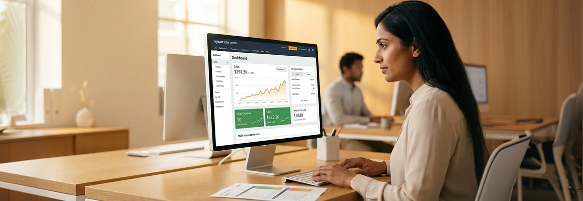 Amazon listing audit analyst reviewing listing performance findings on large monitor, warm natural window light, focused side profile Amazon listing audit analyst reviewing listing performance findings on large monitor, warm natural window light, focused side profile