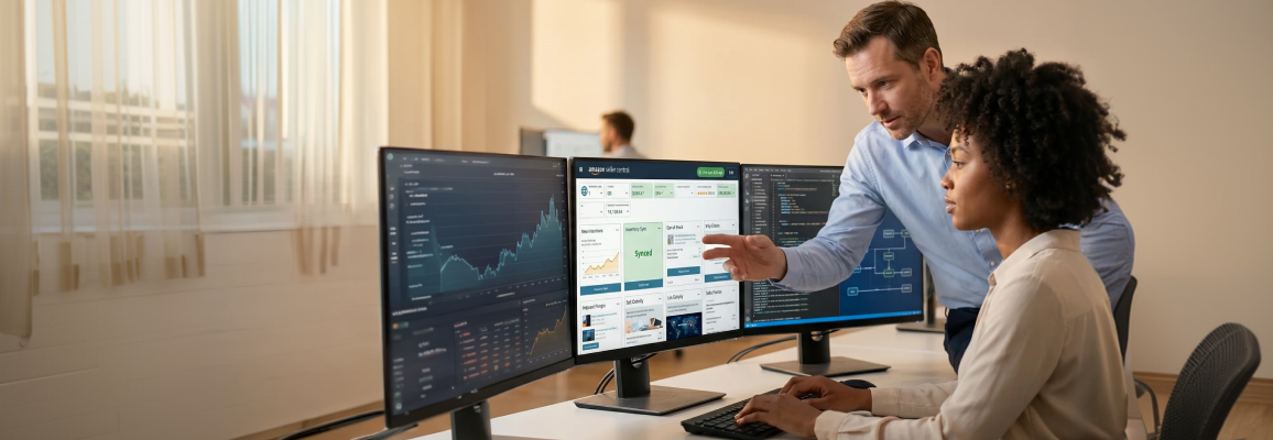 Ecommerce operations team reviewing Amazon integration data flow across multiple screens Ecommerce operations team reviewing Amazon integration data flow across multiple screens