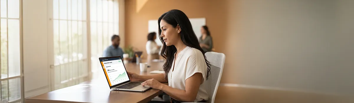 Brand manager at desk dealing with fragmented Amazon and ecommerce system data Brand manager at desk dealing with fragmented Amazon and ecommerce system data