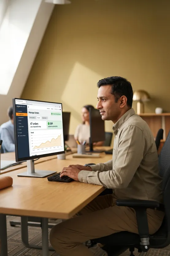 Operations strategist reviewing completed Amazon integration architecture on screen Operations strategist reviewing completed Amazon integration architecture on screen