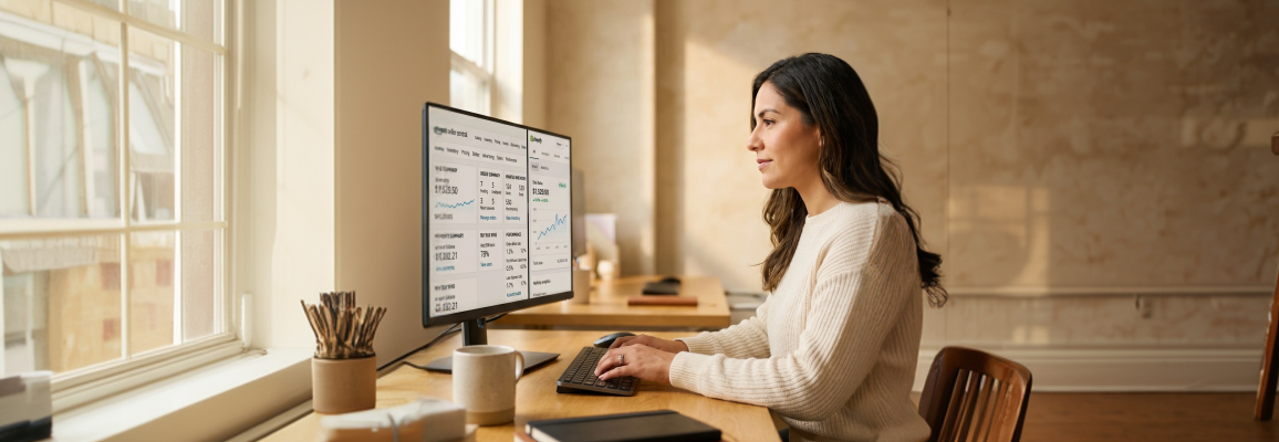 Shopify brand founder reviewing Amazon channel expansion performance metrics at desk in natural light Shopify brand founder reviewing Amazon channel expansion performance metrics at desk in natural light