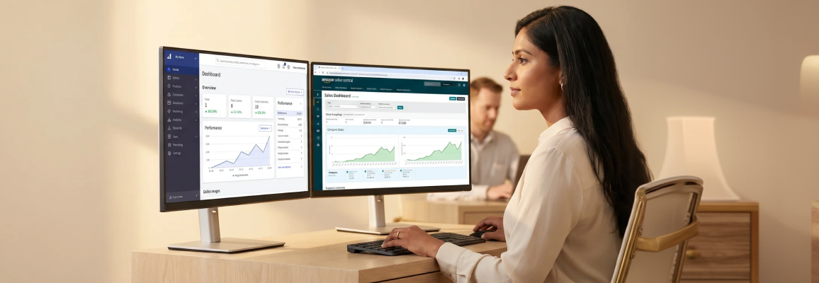BigCommerce brand manager reviewing Amazon marketplace performance alongside direct-to-consumer analytics on dual monitors BigCommerce brand manager reviewing Amazon marketplace performance alongside direct-to-consumer analytics on dual monitors