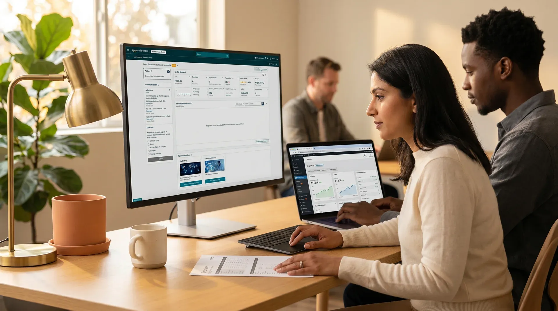 WooCommerce brand team reviewing Amazon Seller Central analytics dashboard, natural morning light, wide desk scene WooCommerce brand team reviewing Amazon Seller Central analytics dashboard, natural morning light, wide desk scene