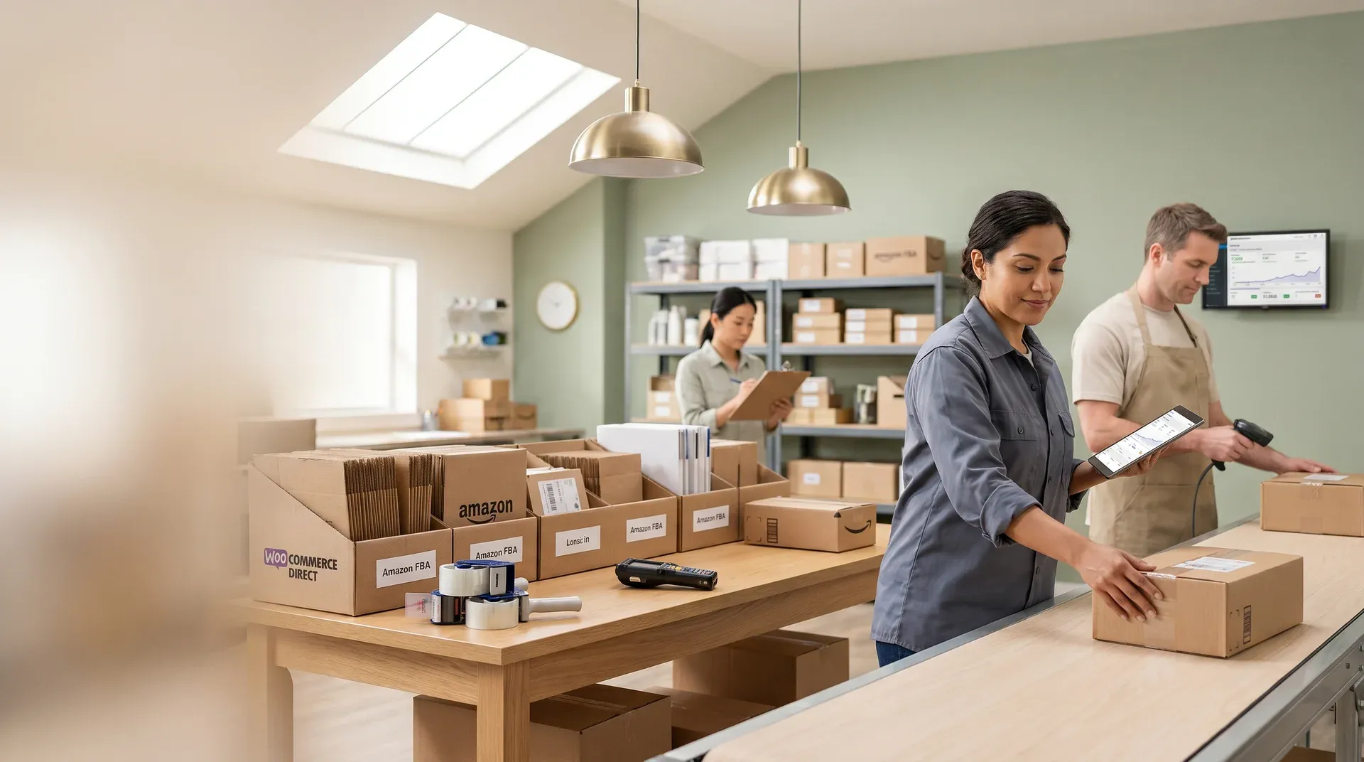 Warehouse operations team managing WooCommerce and Amazon fulfillment, overhead shot showing mixed order volume Warehouse operations team managing WooCommerce and Amazon fulfillment, overhead shot showing mixed order volume