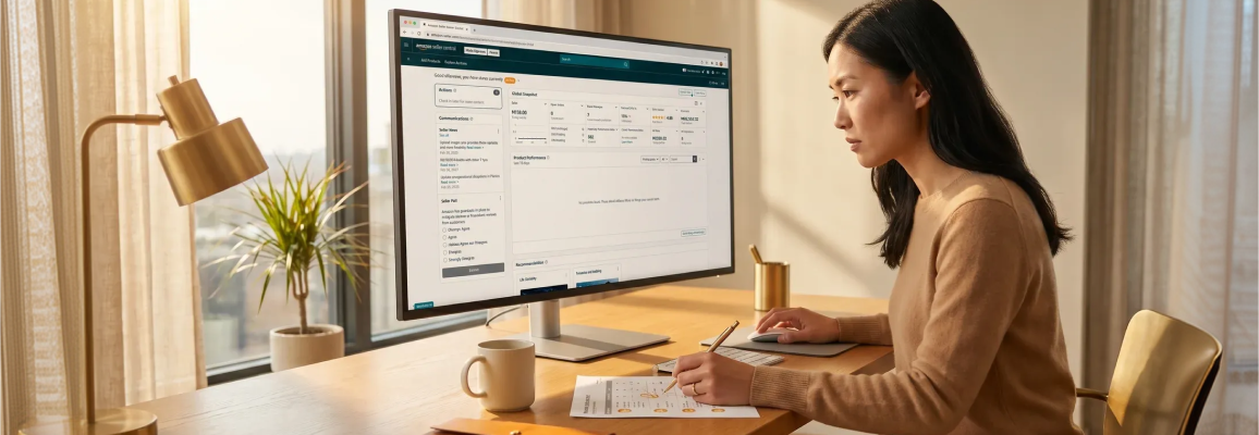 Amazon seller account specialist reviewing Seller Central performance dashboard at a clean desk, natural window light Amazon seller account specialist reviewing Seller Central performance dashboard at a clean desk, natural window light