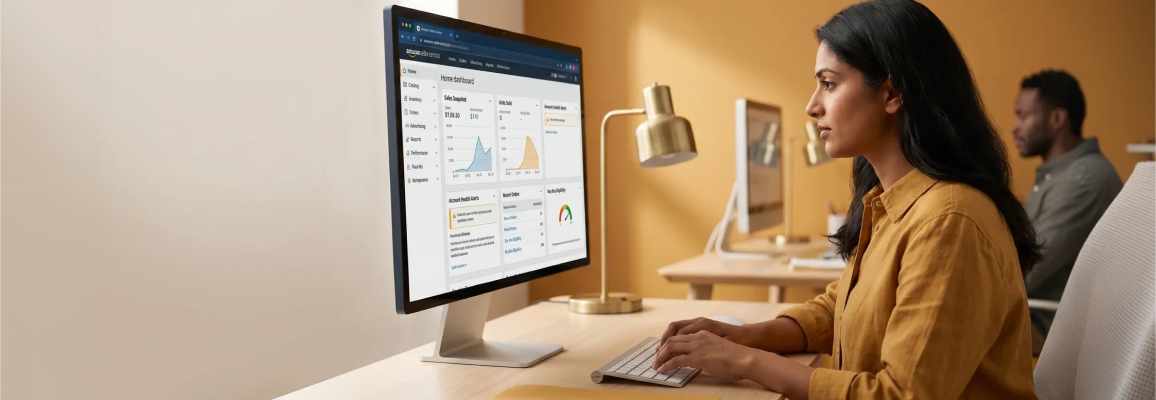 Brand manager reviewing comprehensive full-service Amazon account analytics dashboard at desk in warm natural light, side profile Brand manager reviewing comprehensive full-service Amazon account analytics dashboard at desk in warm natural light, side profile