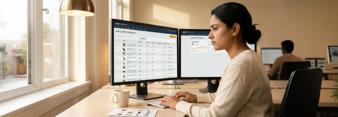Amazon catalog specialist reviewing product listing data on multiple screens at desk, soft morning office light