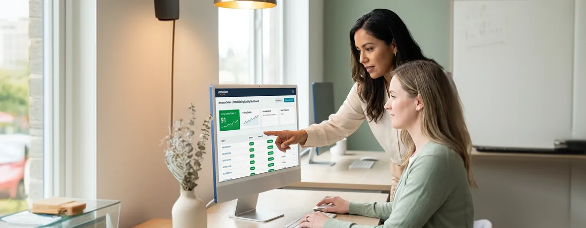 Small ecommerce operations team reviewing clean Amazon catalog health dashboard together, natural window light, relieved expressions