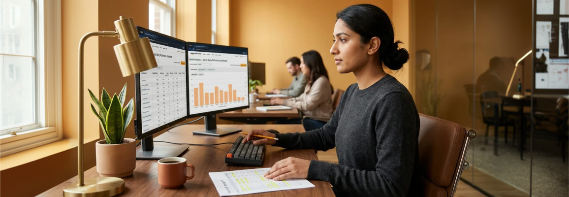 Amazon search engine optimization analyst reviewing keyword rank tracking data on monitors in natural desk light, focused side profile Amazon search engine optimization analyst reviewing keyword rank tracking data on monitors in natural desk light, focused side profile