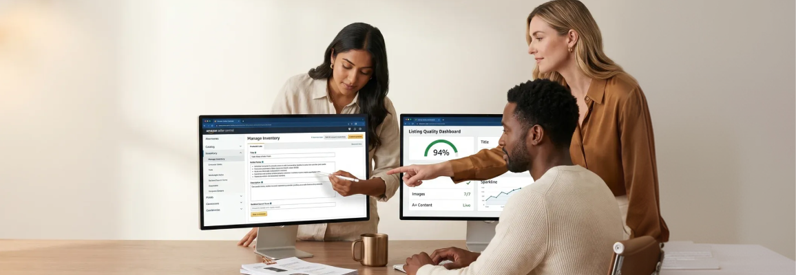 Amazon content team at screens reviewing listing optimization deliverables in natural overhead light, wide side angle Amazon content team at screens reviewing listing optimization deliverables in natural overhead light, wide side angle