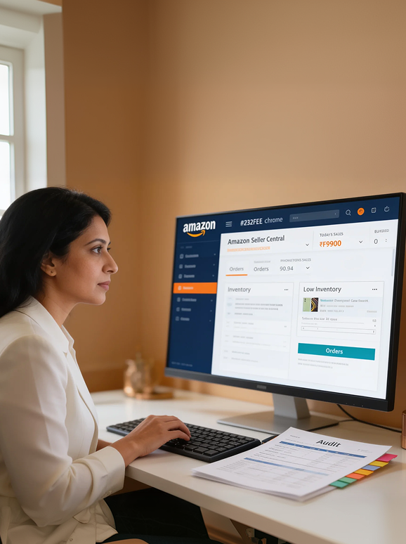South Asian ecommerce director reviewing Amazon Seller Central audit findings on dual monitors South Asian ecommerce director reviewing Amazon Seller Central audit findings on dual monitors