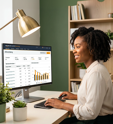 Black marketplace manager analyzing Amazon Brand Analytics and Sponsored Products data Black marketplace manager analyzing Amazon Brand Analytics and Sponsored Products data