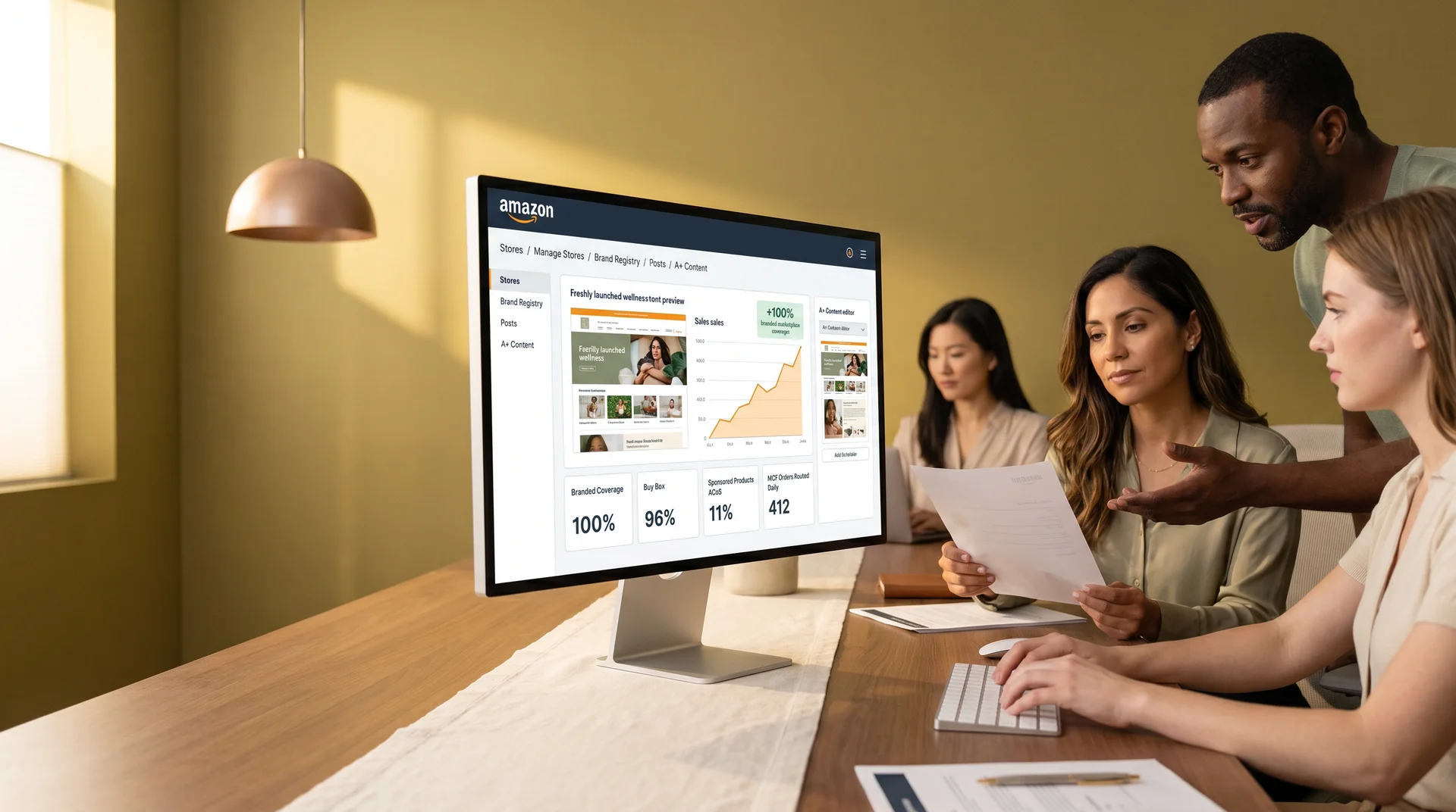Amazon brand team reviewing live Seller Central dashboard with ASIN listings, advertising performance, and inventory health on a large monitor Amazon brand team reviewing live Seller Central dashboard with ASIN listings, advertising performance, and inventory health on a large monitor