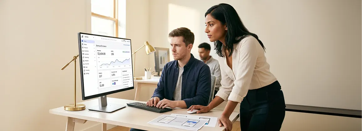 Ecommerce director and developer reviewing BigCommerce store performance on large monitor in modern office Ecommerce director and developer reviewing BigCommerce store performance on large monitor in modern office