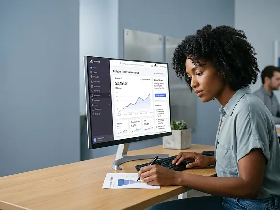Ecommerce specialist focused on BigCommerce dashboard reviewing conversion metrics on screen Ecommerce specialist focused on BigCommerce dashboard reviewing conversion metrics on screen