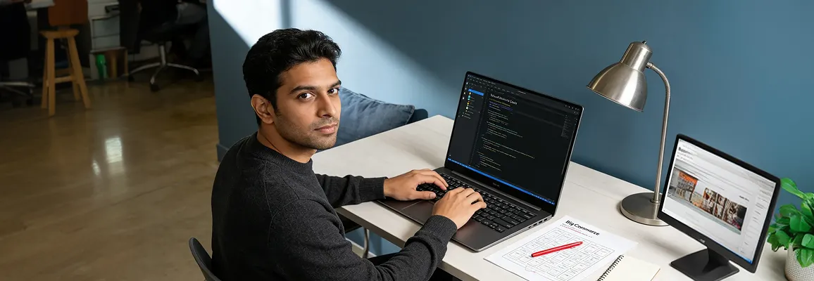 Web developer focused on building a custom BigCommerce storefront, laptop displaying store admin panel and product grid Web developer focused on building a custom BigCommerce storefront, laptop displaying store admin panel and product grid