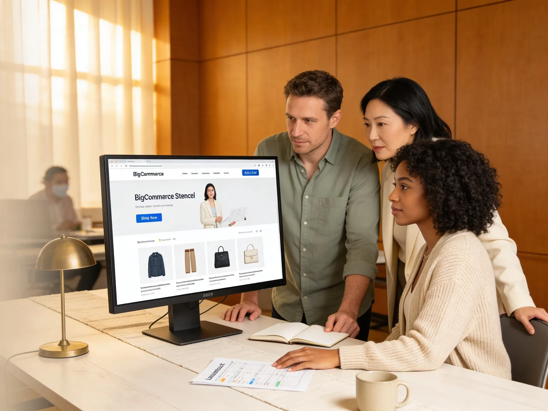 Ecommerce development team reviewing a newly launched BigCommerce store together on a large monitor Ecommerce development team reviewing a newly launched BigCommerce store together on a large monitor