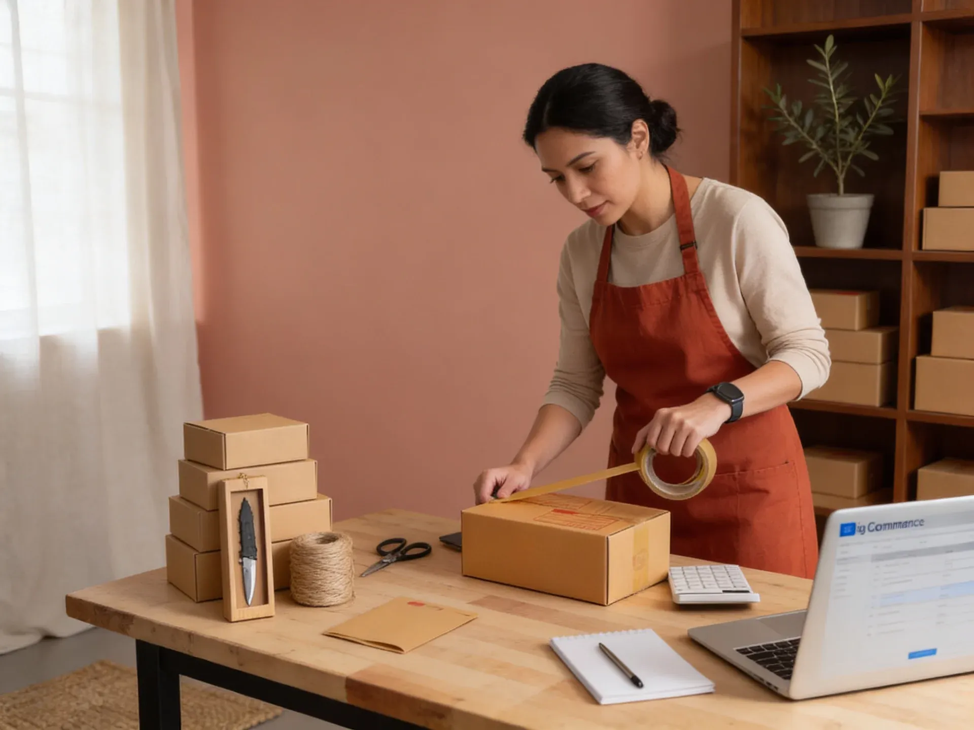 Store owner packing customer orders after a successful BigCommerce store launch Store owner packing customer orders after a successful BigCommerce store launch