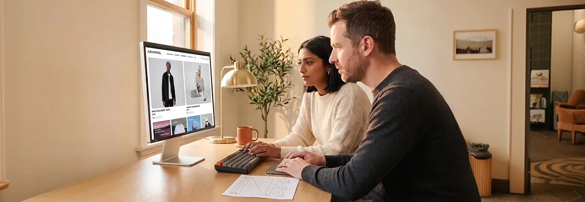 Brand lead and user experience designer reviewing BigCommerce store redesign on large monitor in a natural light office Brand lead and user experience designer reviewing BigCommerce store redesign on large monitor in a natural light office
