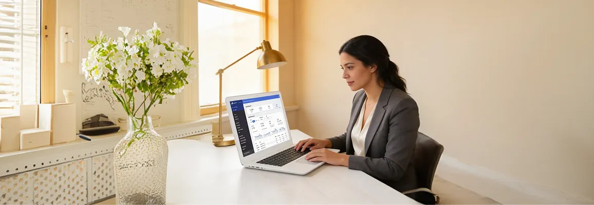 Marketing director reviewing BigCommerce campaign performance at a bright office desk Marketing director reviewing BigCommerce campaign performance at a bright office desk