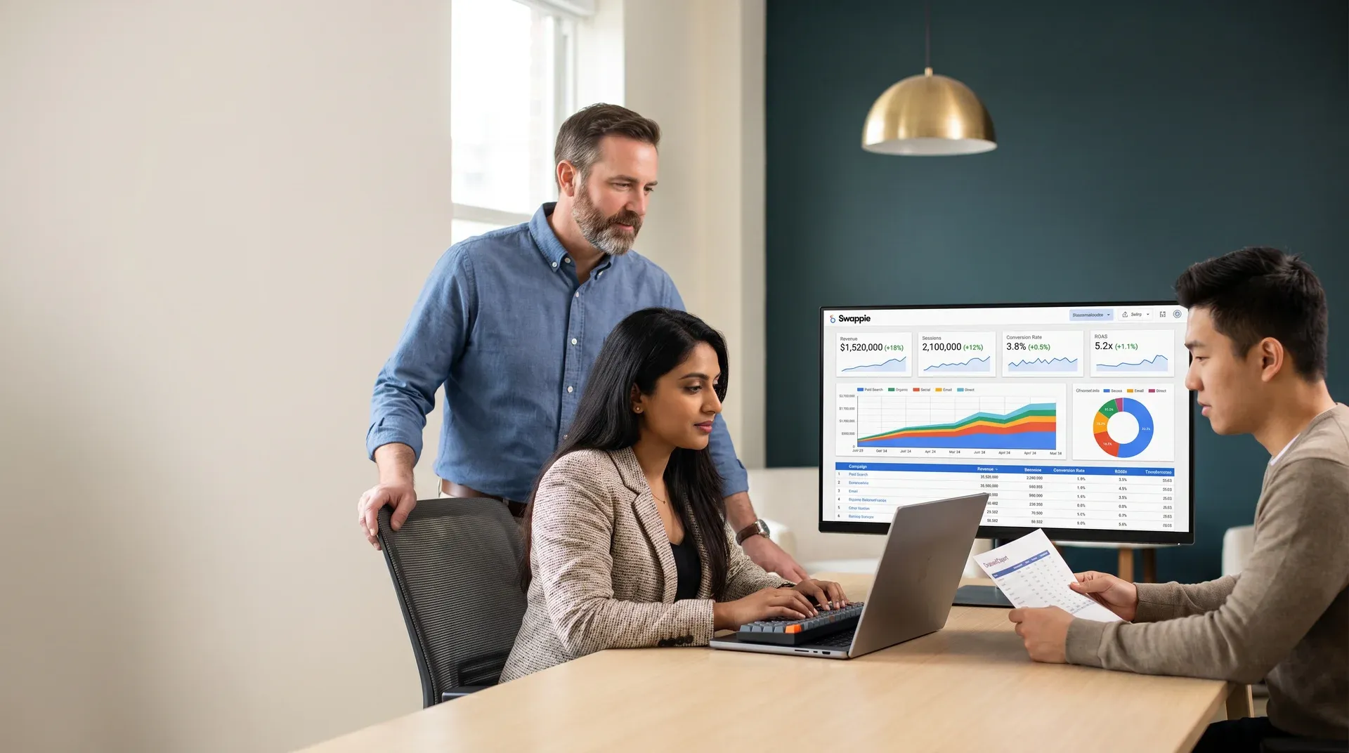 Ecommerce marketing team reviewing store revenue milestone results on dashboards