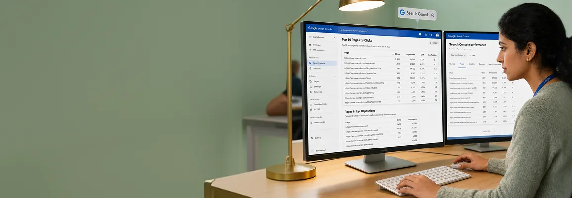 SEO analyst reviewing organic search rankings and keyword performance on analytics dashboards SEO analyst reviewing organic search rankings and keyword performance on analytics dashboards