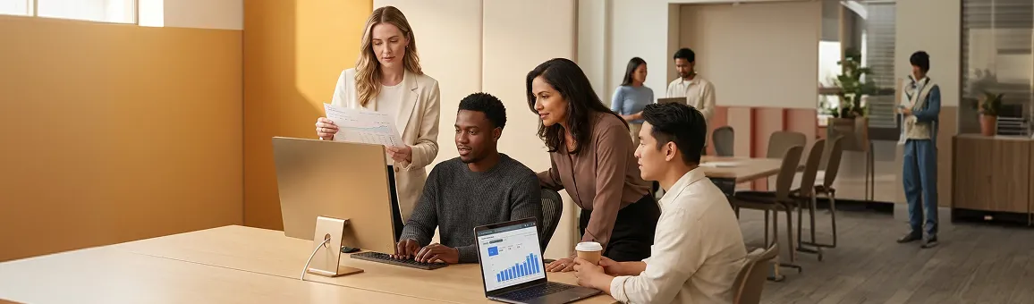 Ecommerce marketing team reviewing organic traffic growth results on office monitors Ecommerce marketing team reviewing organic traffic growth results on office monitors