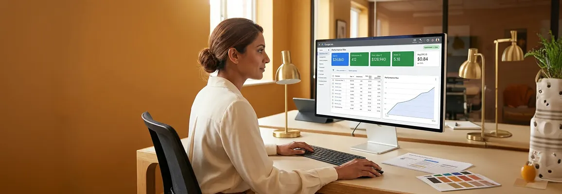 Marketing director reviewing BigCommerce Google Ads campaign performance on large monitor Marketing director reviewing BigCommerce Google Ads campaign performance on large monitor
