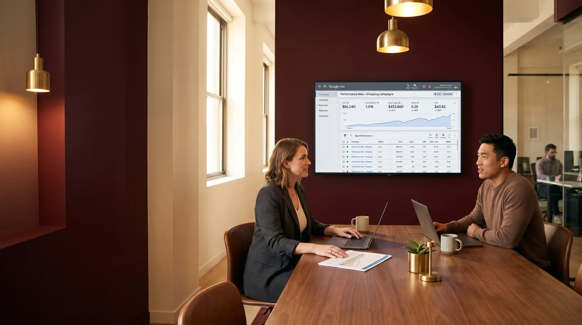 Paid media team reviewing revenue results from optimized BigCommerce campaigns, collaborative office environment Paid media team reviewing revenue results from optimized BigCommerce campaigns, collaborative office environment