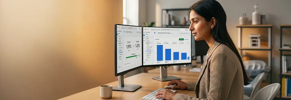 Growth lead reviewing BigCommerce conversion analytics and A/B test results on dual monitors Growth lead reviewing BigCommerce conversion analytics and A/B test results on dual monitors