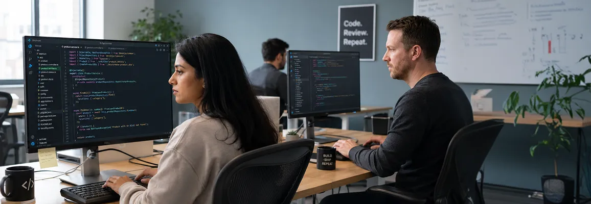 Developer team reviewing BigCommerce storefront code on dual monitors in a collaborative workspace Developer team reviewing BigCommerce storefront code on dual monitors in a collaborative workspace