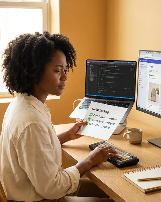 Developer at desk working calmly on a resolved BigCommerce build, sprint board fully green Developer at desk working calmly on a resolved BigCommerce build, sprint board fully green