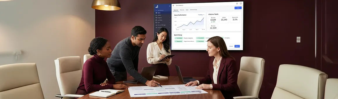 BigCommerce consultant and ecommerce director reviewing platform strategy document together at a desk BigCommerce consultant and ecommerce director reviewing platform strategy document together at a desk