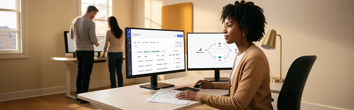Commerce operations analyst reviewing disconnected system data across multiple screens in an open-plan office