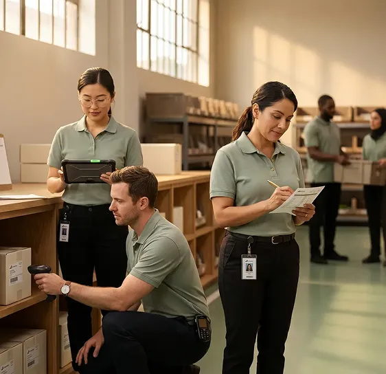 Warehouse operations team coordinating fulfillment with integrated order management system on floor tablets Warehouse operations team coordinating fulfillment with integrated order management system on floor tablets