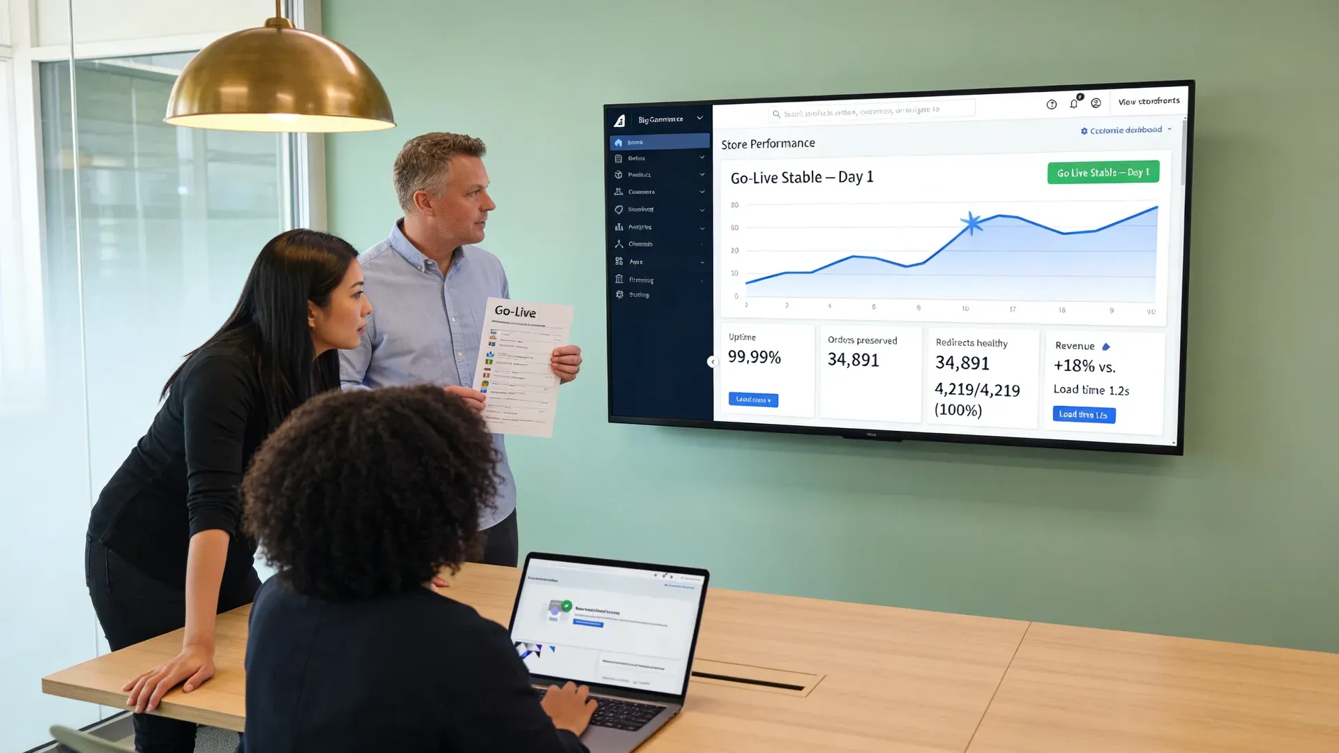 Ecommerce operations team reviewing post-migration go-live metrics on shared screens Ecommerce operations team reviewing post-migration go-live metrics on shared screens
