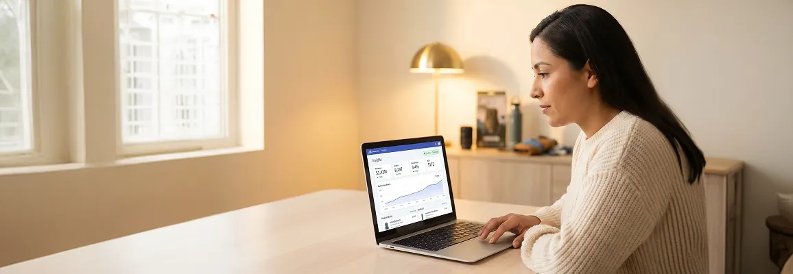 Ecommerce manager reviewing BigCommerce store performance metrics on laptop with rising revenue analytics on screen