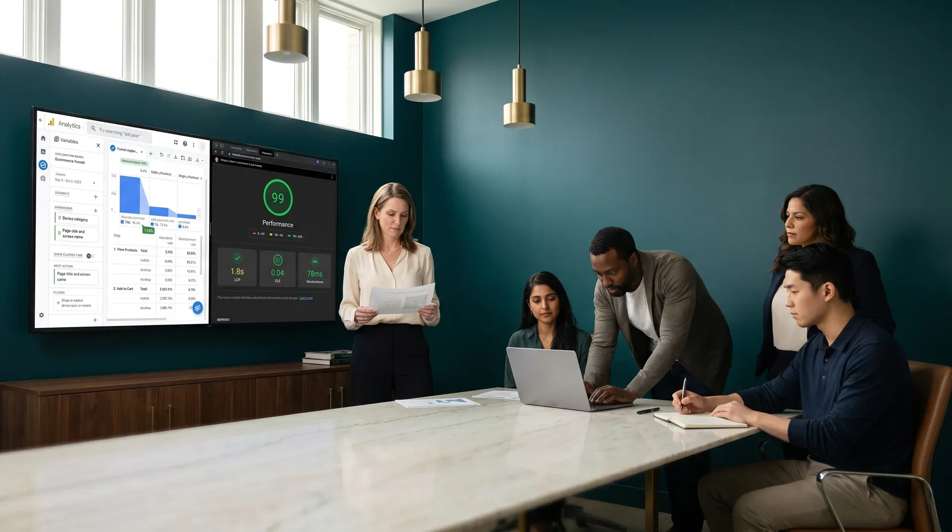 Ecommerce team celebrating revenue milestone at shared workspace with analytics on screens