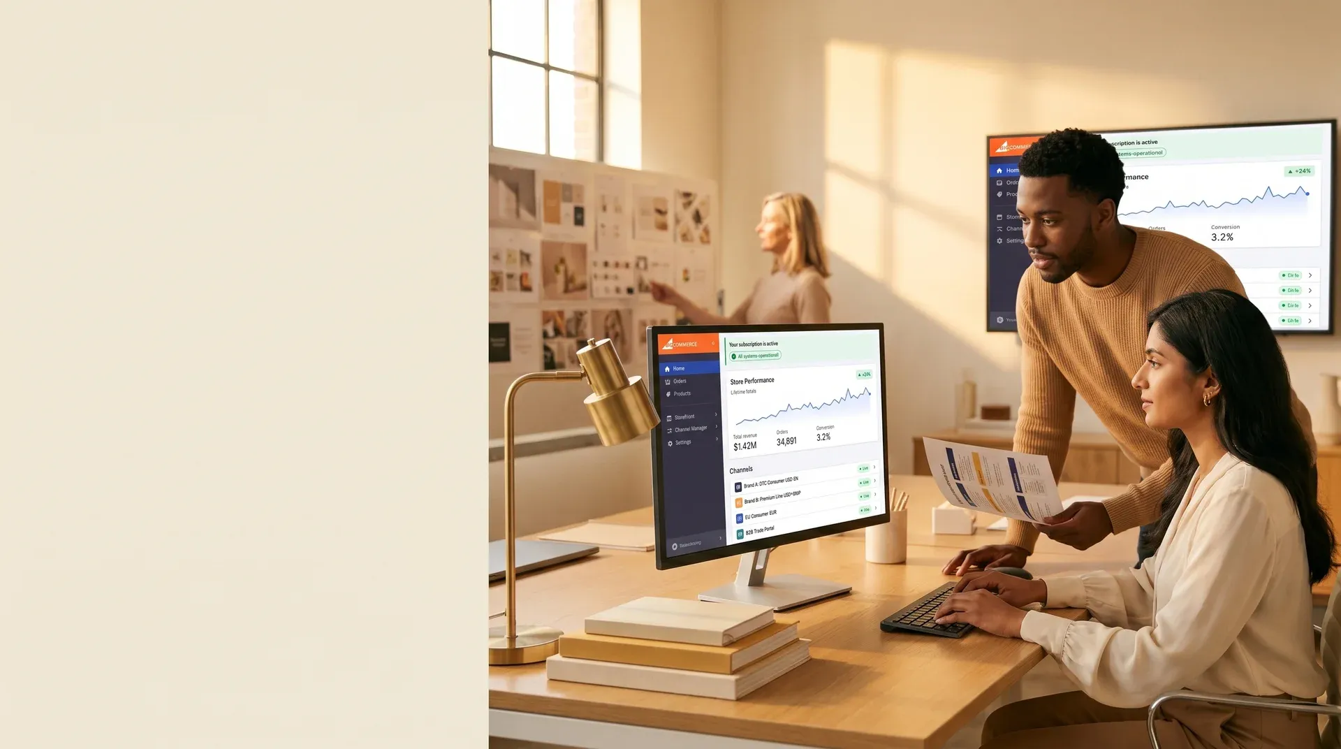 Enterprise ecommerce team in a modern open office coordinating multi-brand digital storefront launch across multiple screens Enterprise ecommerce team in a modern open office coordinating multi-brand digital storefront launch across multiple screens