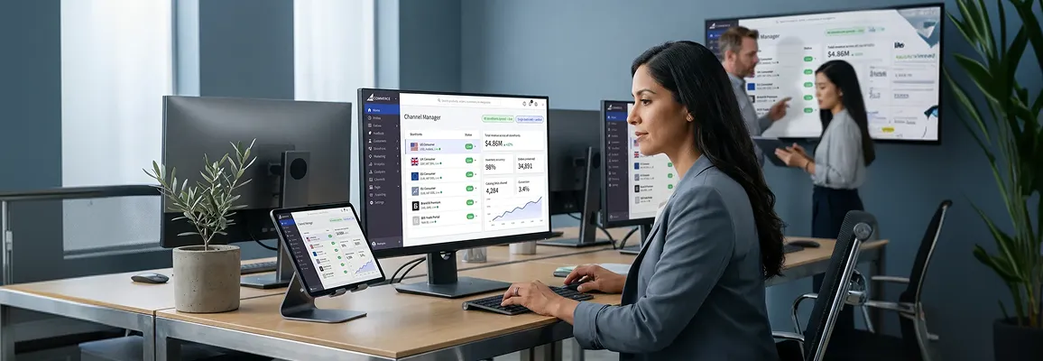 Commerce ops director reviewing fragmented brand data across disconnected systems on multiple screens in an enterprise office