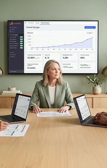 Enterprise leadership team collaborating on multi-store revenue strategy at a digital operations table with analytics visible on screens Enterprise leadership team collaborating on multi-store revenue strategy at a digital operations table with analytics visible on screens