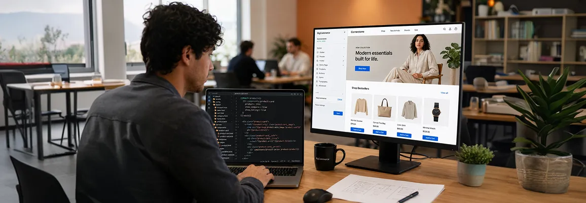 User experience designer building a custom BigCommerce theme on laptop with storefront user interface displayed User experience designer building a custom BigCommerce theme on laptop with storefront user interface displayed