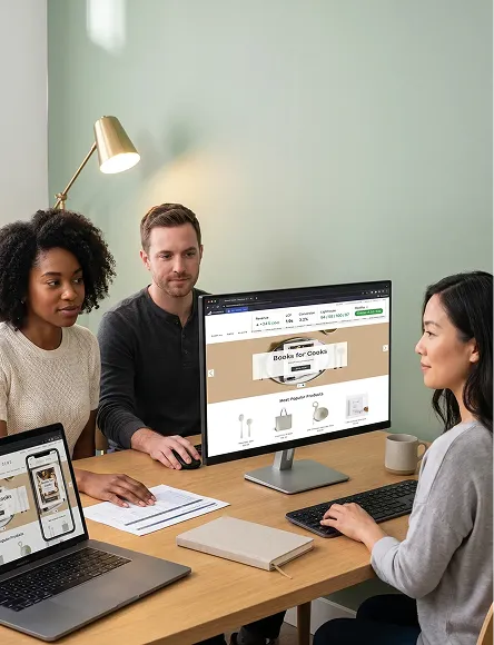 Ecommerce brand team reviewing their new BigCommerce storefront performance after custom theme launch Ecommerce brand team reviewing their new BigCommerce storefront performance after custom theme launch