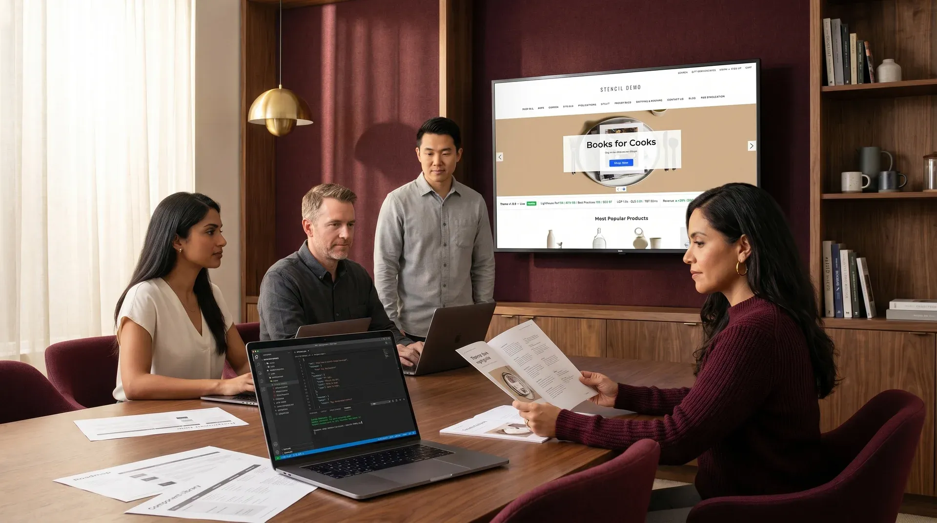 Design and development team reviewing a newly launched BigCommerce theme project together
