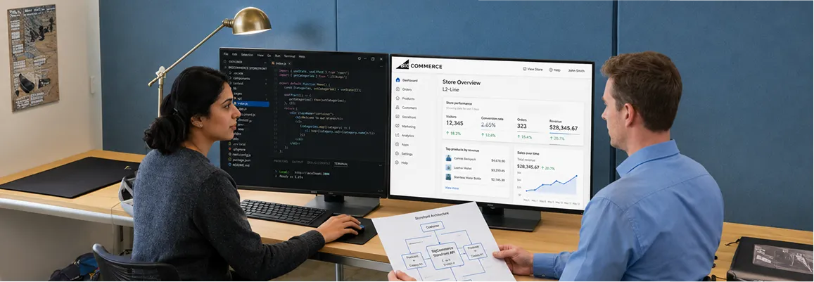 Two developers reviewing a custom BigCommerce app architecture at dual-monitor workstation with screen glow and natural light Two developers reviewing a custom BigCommerce app architecture at dual-monitor workstation with screen glow and natural light