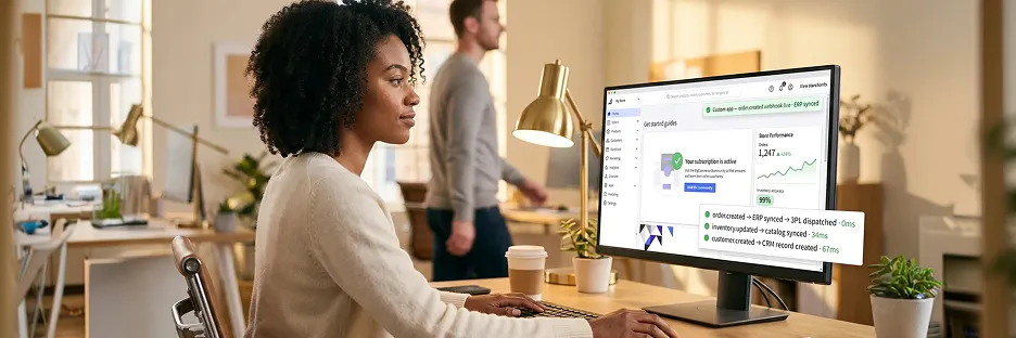 Operations lead at desk surrounded by manual spreadsheets and multiple browser tabs, frustrated by repetitive BigCommerce data export work Operations lead at desk surrounded by manual spreadsheets and multiple browser tabs, frustrated by repetitive BigCommerce data export work